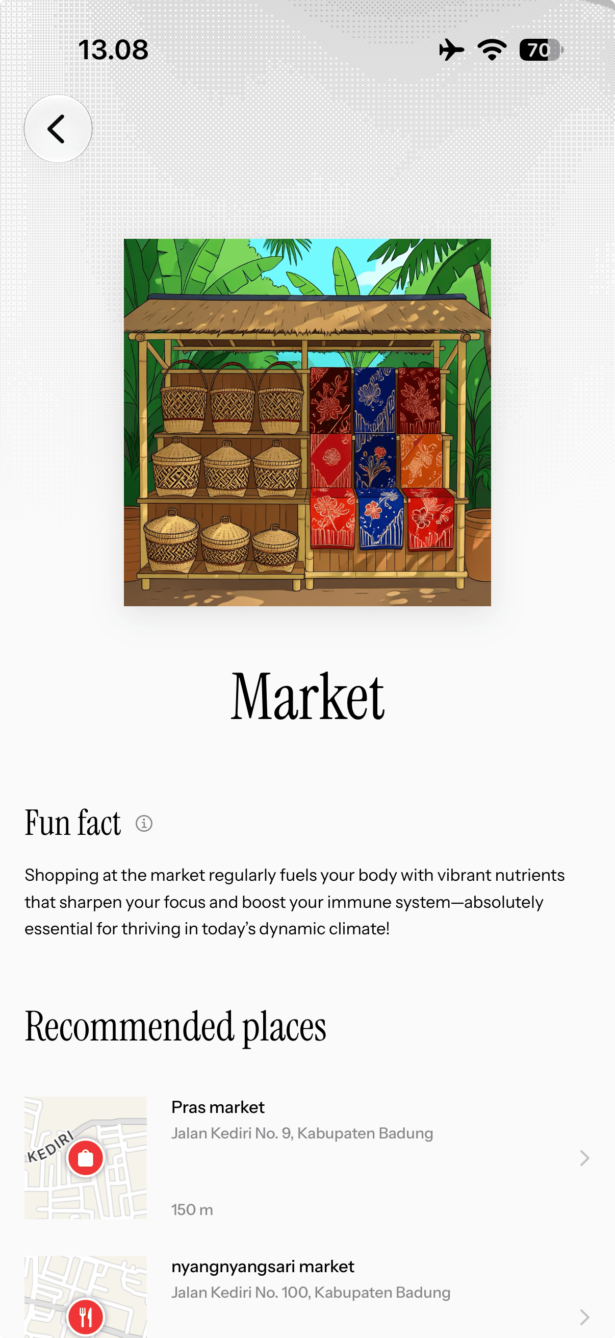 Aura activity screen for Market, with a fun fact and a list of recommended places nearby