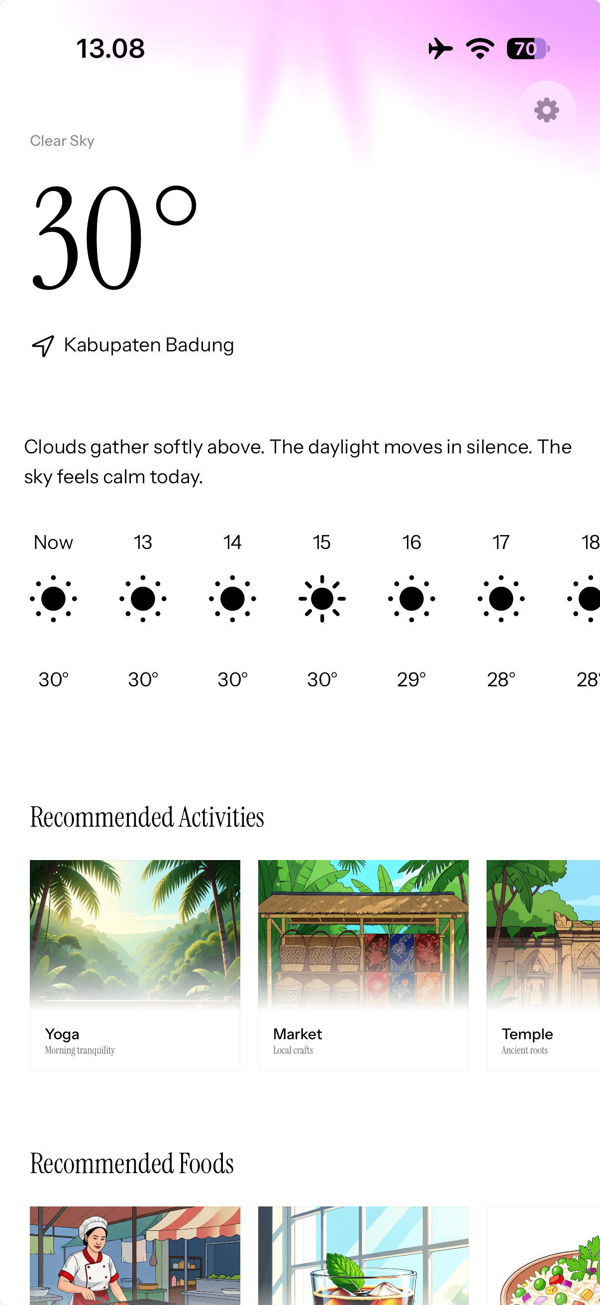 Aura home screen showing current conditions, the hourly forecast and recommended activities