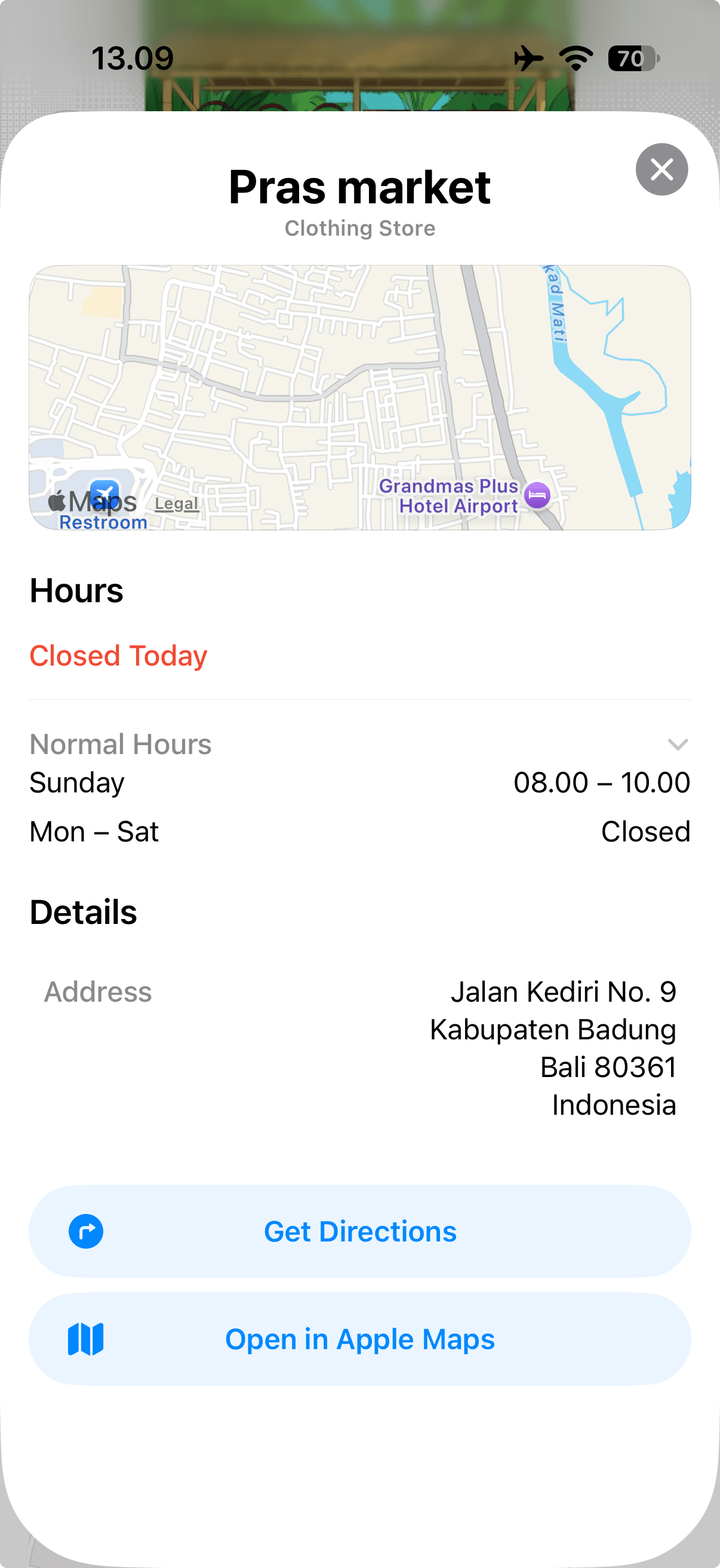 Aura place details for Pras market, showing a map, opening hours, address and buttons to get directions